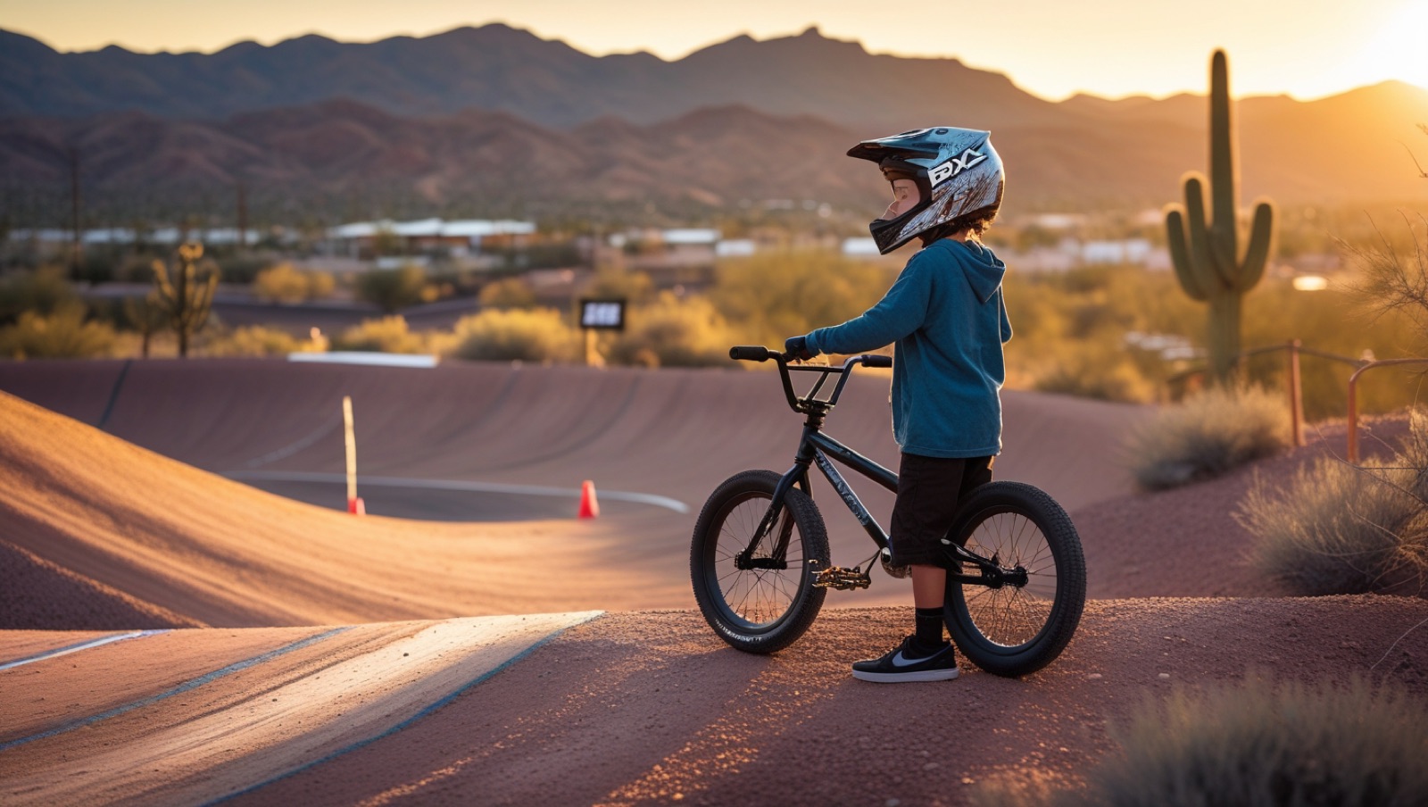 A young rider at the top of the start hill, bike ready