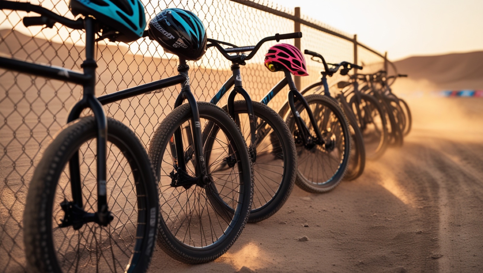 BMX race bikes lined up along the track fence